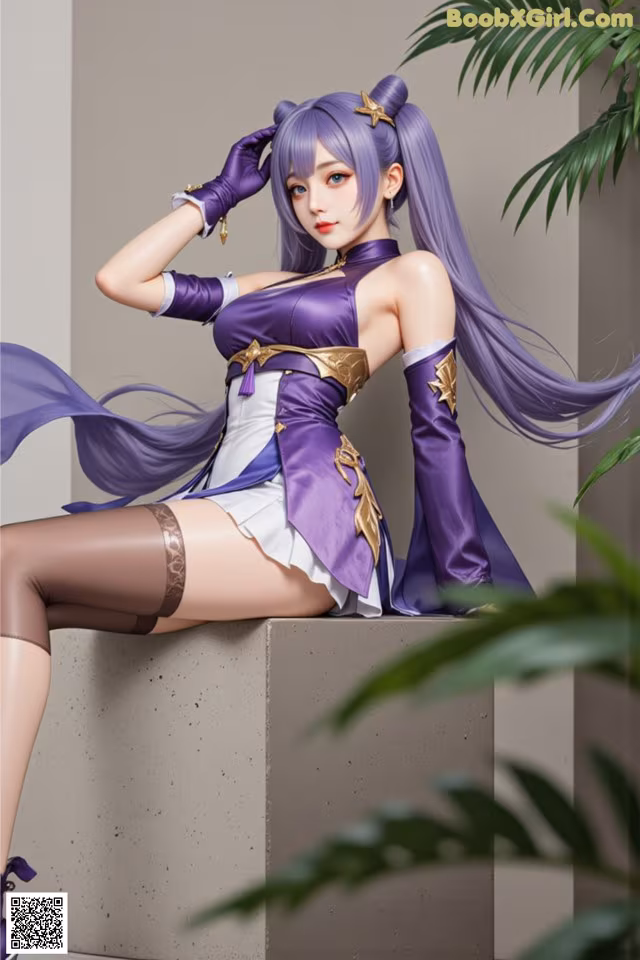 A woman with long purple hair sitting on a ledge.