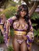 A woman in a purple and gold kimono posing for a picture.