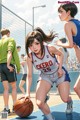 A group of young people playing basketball on a court.